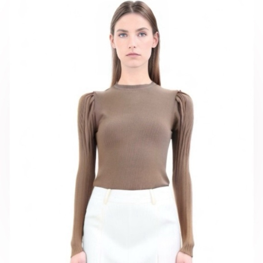 Niccolai Womens Ribbed Knit Sweater Puff Shoulder Long Sleeve Brown Large New